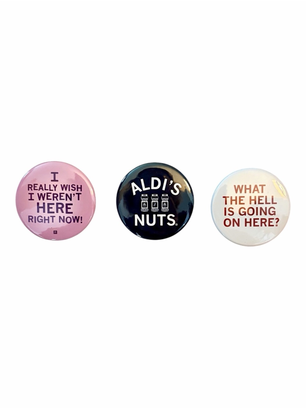 Set of 3 Novelty Statement Buttons — Pink, Black, White including Aldi’s Nuts 🥜